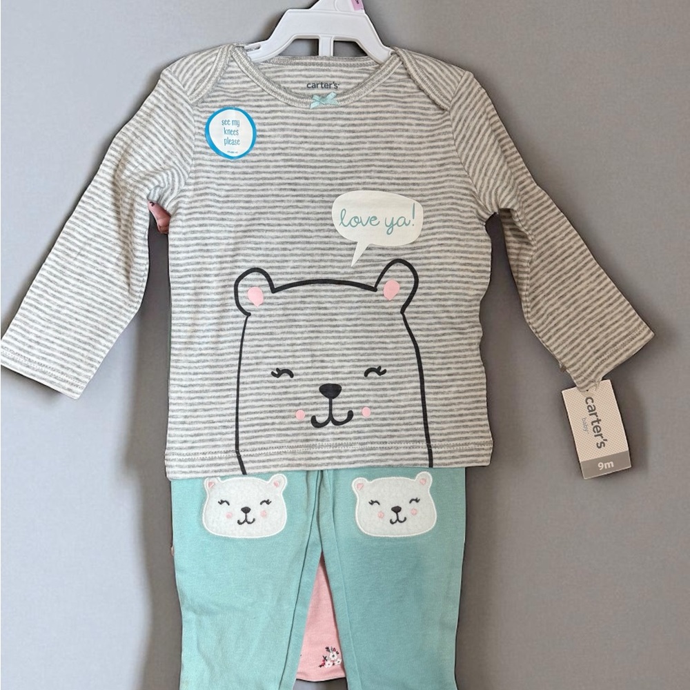 Carter's Striped Gray and Mint Bear Pajama Set